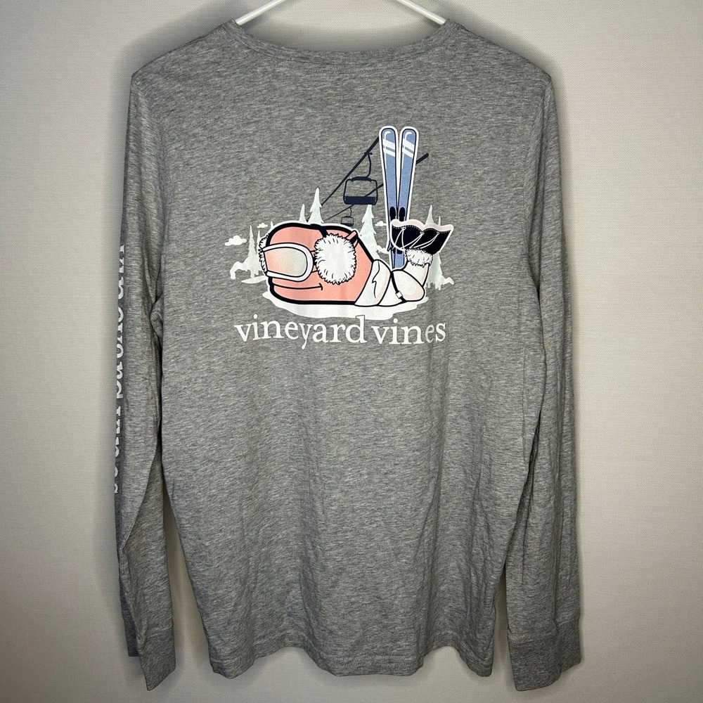 Vineyard Vines Gray Skiing Whale Long Sleeve Pocket T-Shirt Large Unisex Preppy